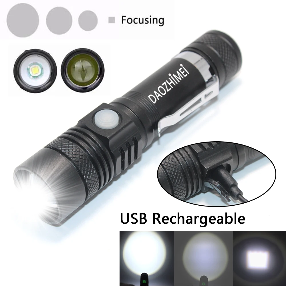

Светодиодный фонарик XM-L T6, 5000 лм, 3 режима, перезаряжаемый фонарь для охоты и рыбалки, USB-фонарь + аккумулятор 18650 + USB