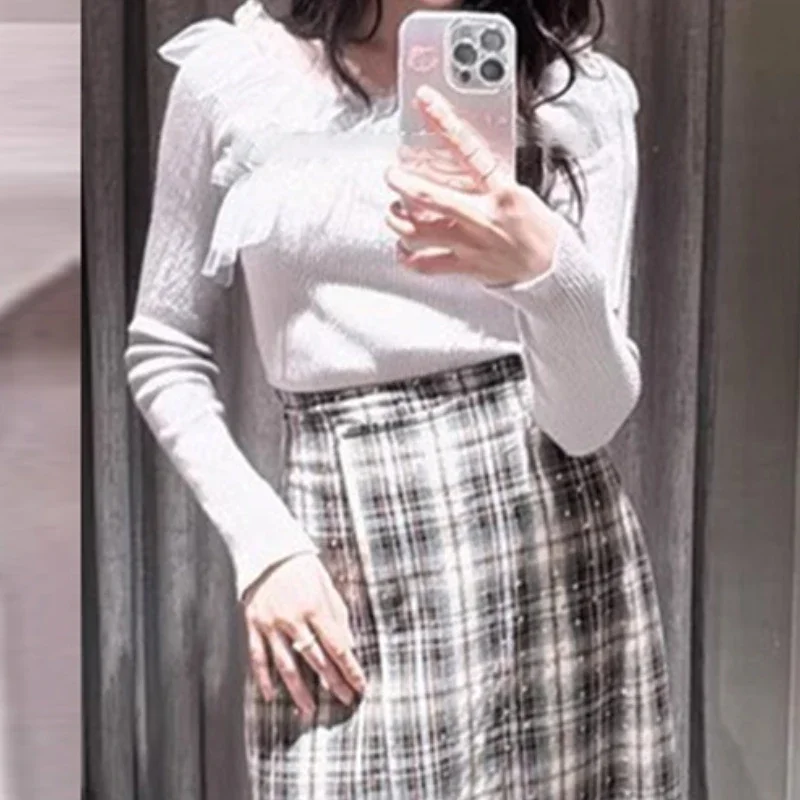 Ретро флокированные сетчатые лоскутные пуловеры с длинными рукавами в горошек