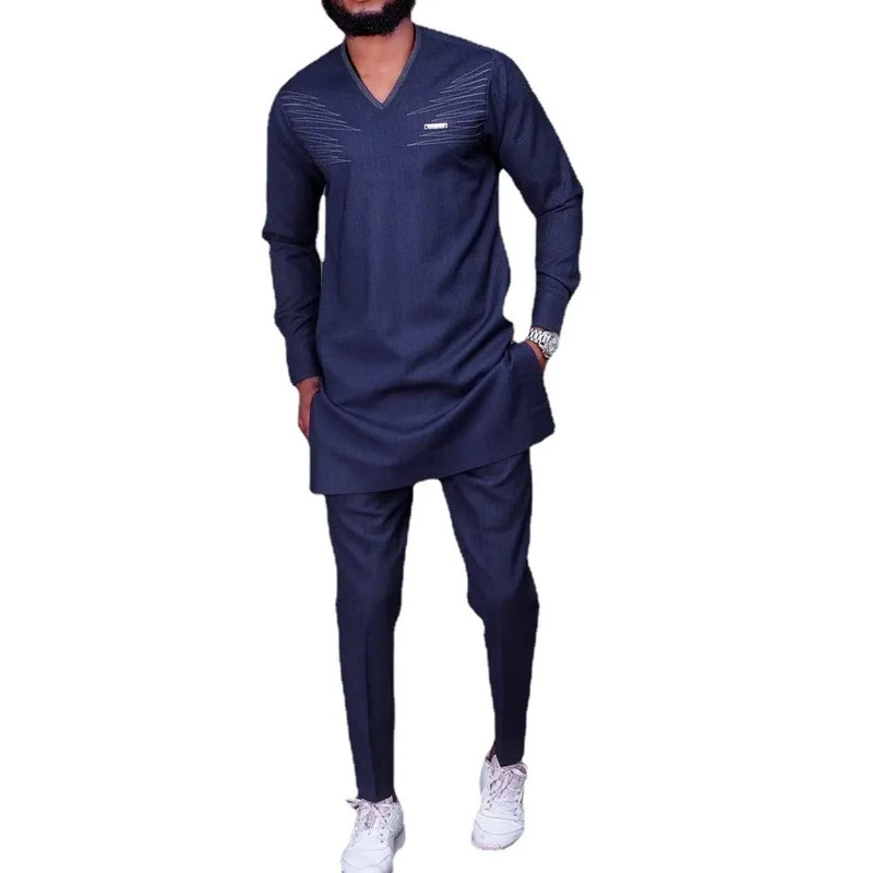 Muslim Fashion African Ethnic Style Men's Suit Solid Color Cotton Linen Embroidery Top and Pants 2 Piece European Clothing 2022