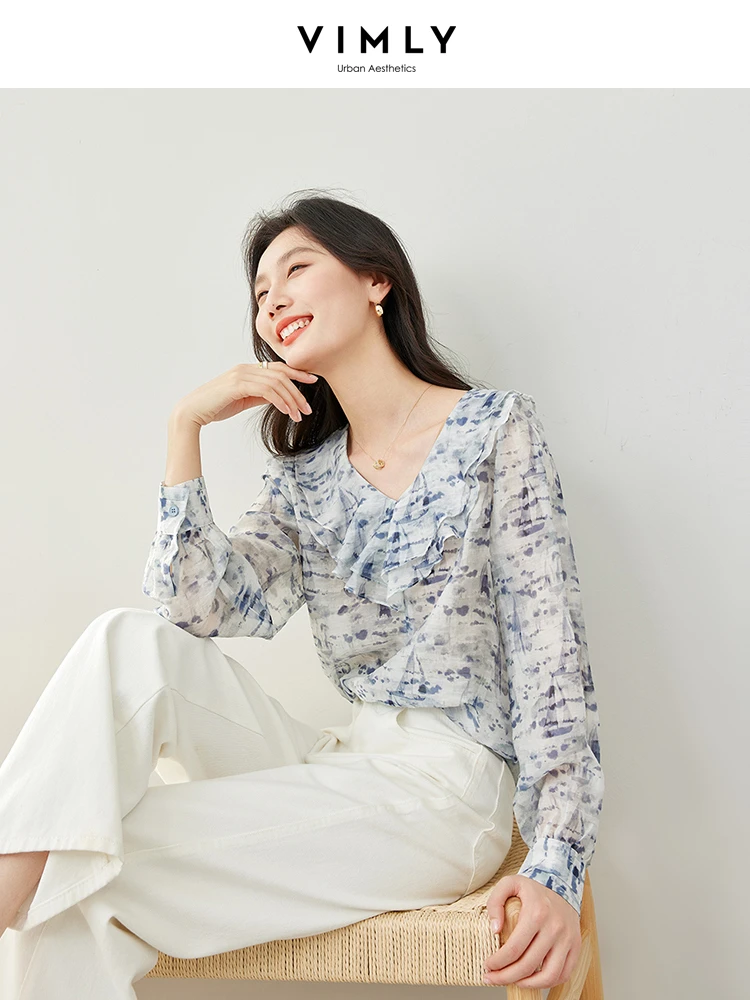 Рубашка Vimly женская шифоновая с V-образным вырезом элегантная Свободная блузка из