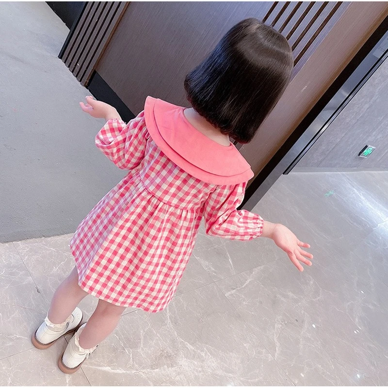 New Spring Autumn Korean Style Sweet and Lovely Lapel Plaid Pattern Long Sleeves Girls Princess Dress Children Dresses