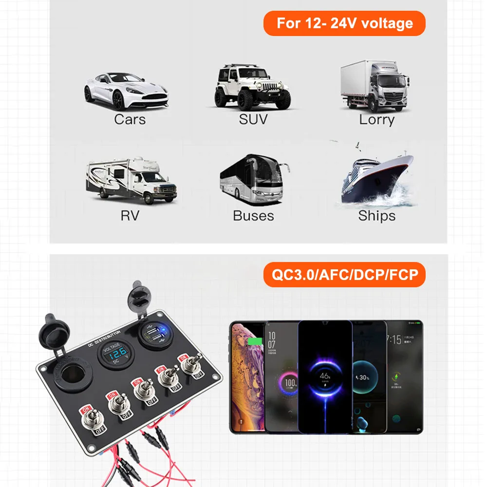 12-24 в прикуриватель вольтметр Usb QC3.0 быстрое зарядное устройство ВКЛ./ВЫКЛ.