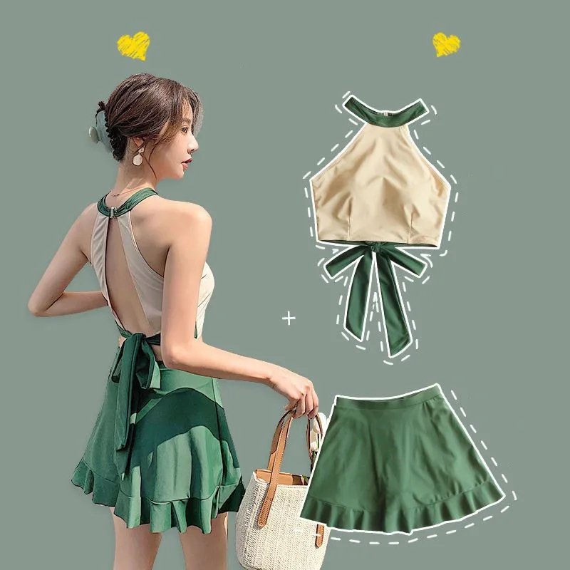 

Women's Swimsuit Separate High-Waisted Skirt Two-Piece Sexy Backless Lace-Up Bowknot Chest Gathered Soaking Hot Spring Swimwear