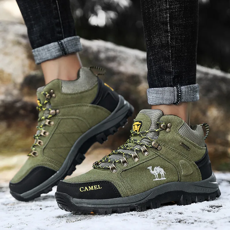 Army Green Suede Hiking Shoes Men Outdoor Trail Trekking Men's Sneakers Non-slip Rock Climbing Sports Shoes Men Snow Boots Fur