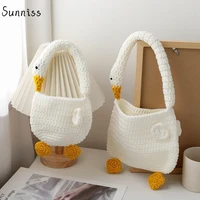 new cute swan womens shoulder cartoon bag wrist bag designer knitting handmade hollow handbag and purse wool bag for girls 2022
