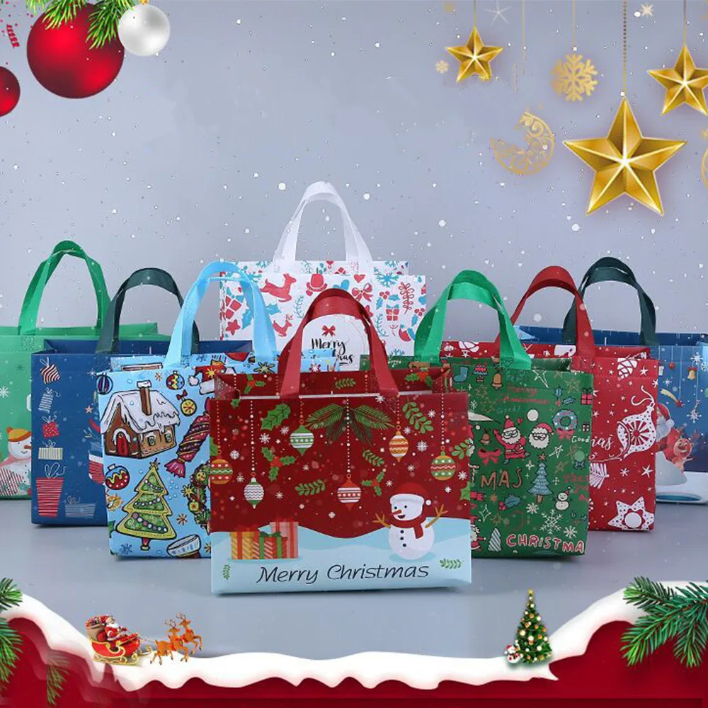 1Pc Christmas Non-woven Bag Holiday Gift Tote Bag Handbag Cartoon Santa Claus Snowman Shopping Bag Folding Storage Bag Wholesale
