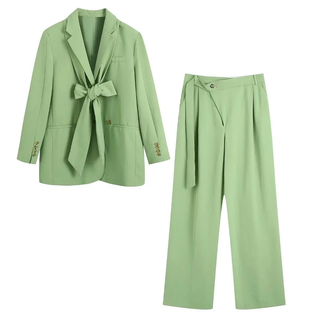 

Clothland Sweet Mint Bow Tie Blazer Suit Two Piece Set Long Sleeve Jacket Coats Long Pants Office Wear Set Mujer TZ230