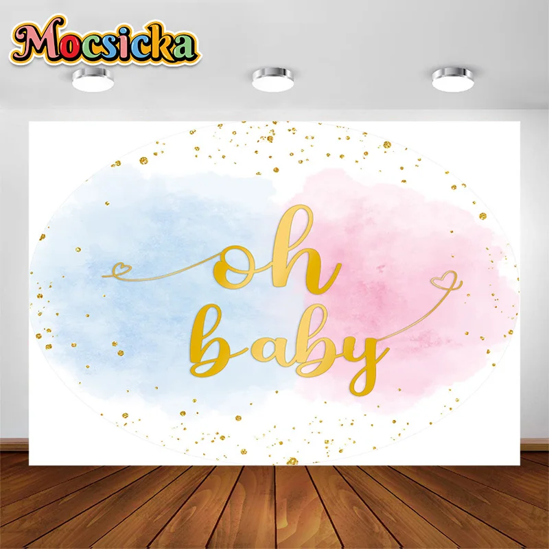 

MOCSICKA Oh Baby Backdrop He or She Pink or Blue Newborn Baby Shower Photo Background Gender Reveal Party Decoration Banner