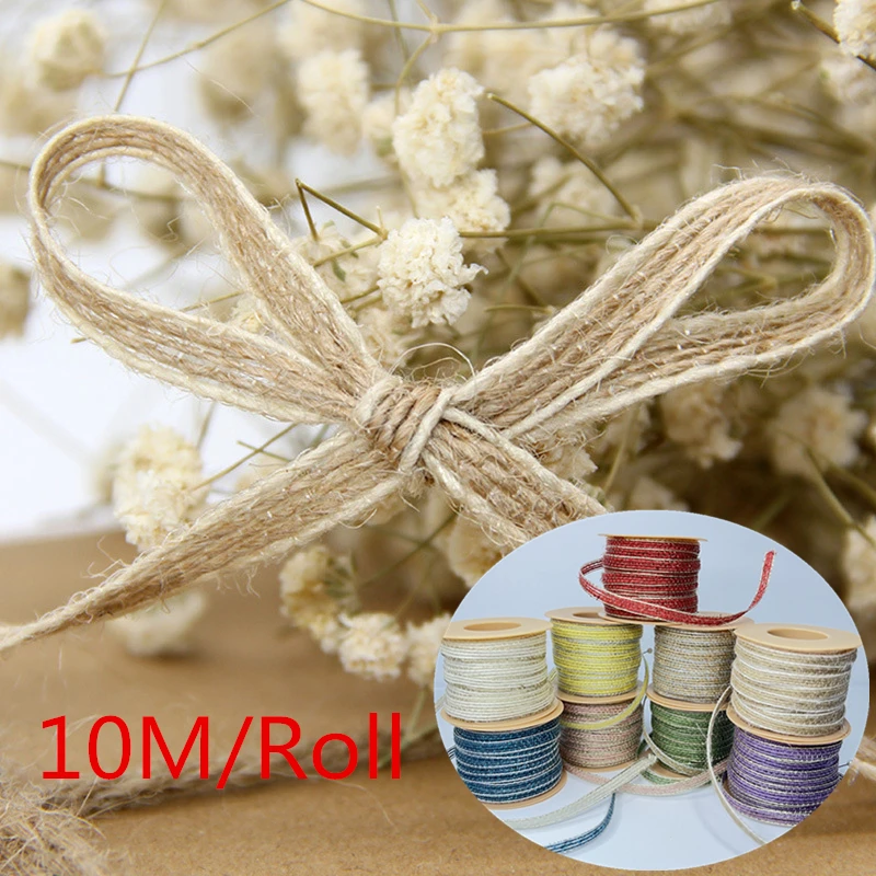 

10M/Roll Vintage Jute Burlap Hessian Ribbon for Bows DIY Craft Gift Packing Webbing Lace Rustic Wedding Decoration Bows Material