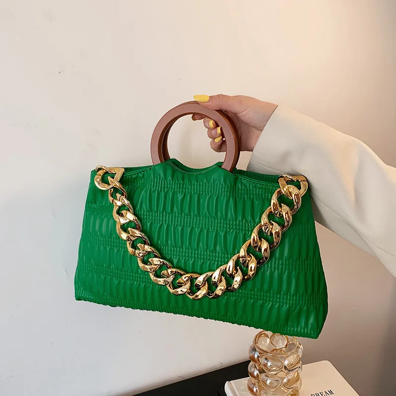 

Brand Handbag Thick Chain shell bags PU Leather Crossbody Bag With Wooden Handle For Women 2022 Luxury Party Cluth