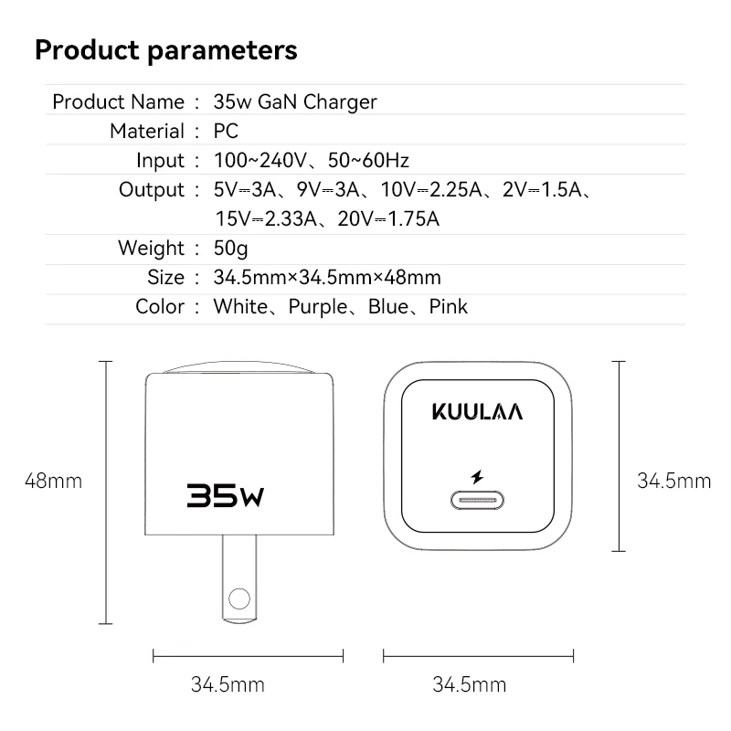KUULAA USB C Зарядное устройство 35 Вт GaN Type C PD Быстрая зарядка для iPhone 15 14 13 12 11 Pro Max Для iPad Pro Air iPad mini Huwei Xiaomi (art.: 3920cd55ae9ea) - 3920cd55ae9ea