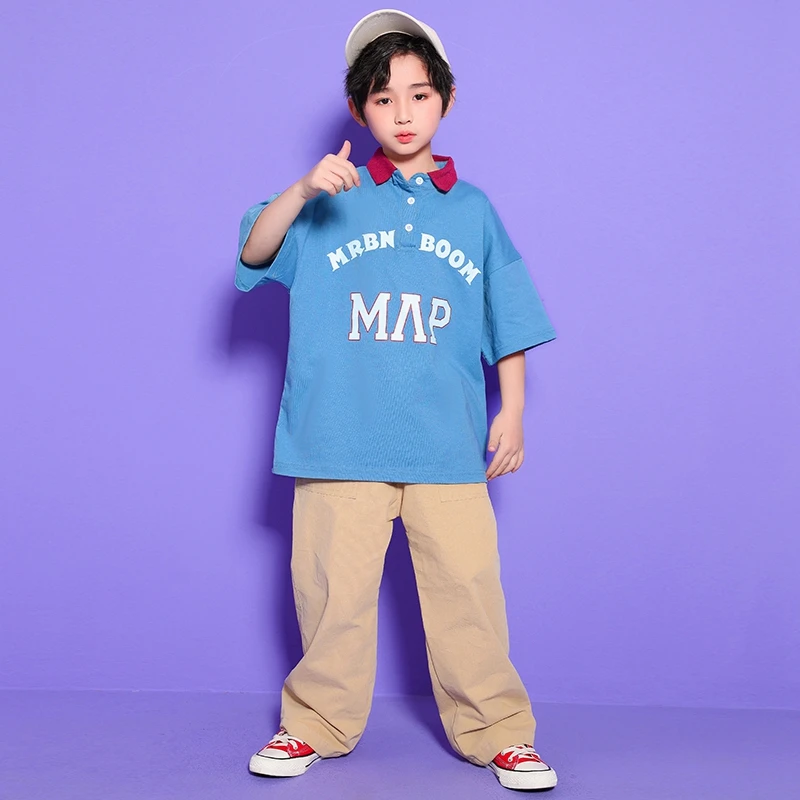 

Kids Carnival Hip Hop Clothing Polo Tshirt Short Sleeve Tops Streetwear Khaki Pants For Girl Boy Jazz Dance Costume Rave Clothes