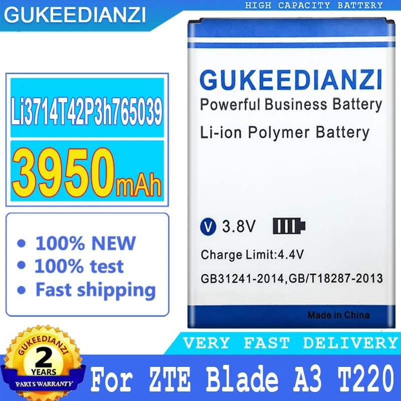 

Li3714T42P3h765039 3950mAh High Capacity Battery For ZTE Blade A3 T220 AF3 T221 A5 AF5 Smart Mobile Phone High Quality Bateria