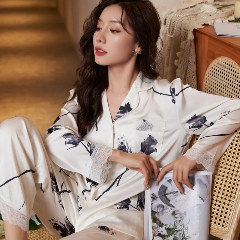 2022 Autumn New Women's Pajamas Double-length Lace Ink Rose Long-sleeved Trousers Home Service Casual Suit