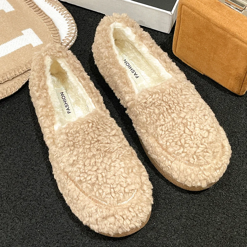 

Home Fur Loafers Women Platform Flats Warm Shoes Short Plush Winter Cotton Shoes 2024 Designer Brand Office Comfort Botas Mujer