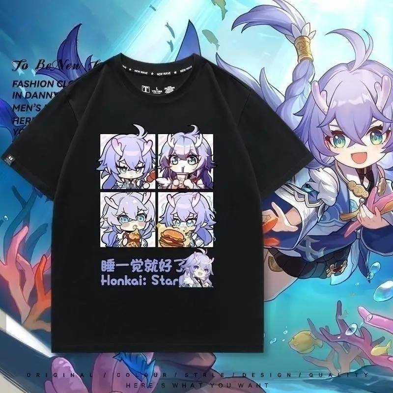

Honkai: Star Rail Anime Game Bailu Cosplay Round Neck Short Sleeve Men Cartoon Q Version T-Shirts Japanese Fashion Tops Tees