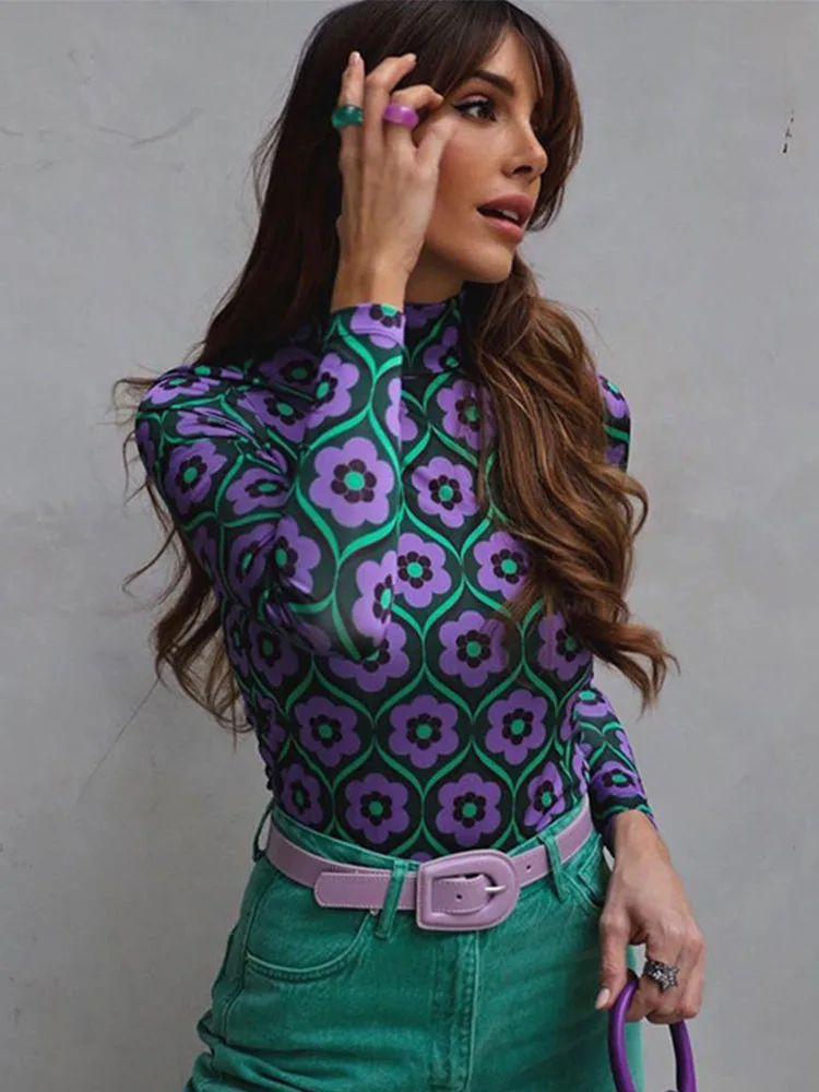 

Женский укороченный Топ с длинным рукавом, винтажная Повседневная футболка с цветочным принтом 90-х годов, привлекательная модная водолазка...