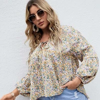 women fashion blouse floral printing patchwork long sleeve v neck loose western style ol commuter ladies summer leisure blouse