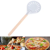 pizza turning small pizza peel paddle short round pizza tool non slip wooden handle 7 inch perforated pizza shovel aluminum