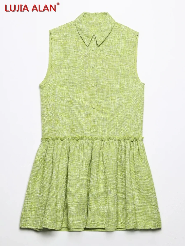 

Women Turndown Collar Tweed Vest Dress Summer Female Ruffled Hem Vestidos LUJIA ALAN D9532