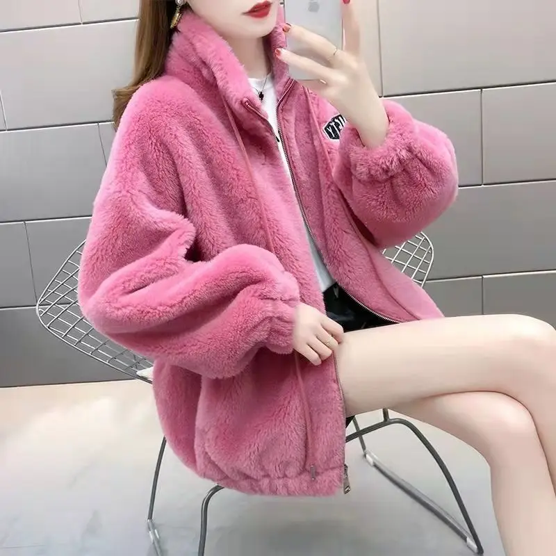 Winter Korean Lamb Wool Coats Women Thicken Warm Plush Loose Real Fur Integrated Sheep Shearing Jackets Womens Outerwear E722