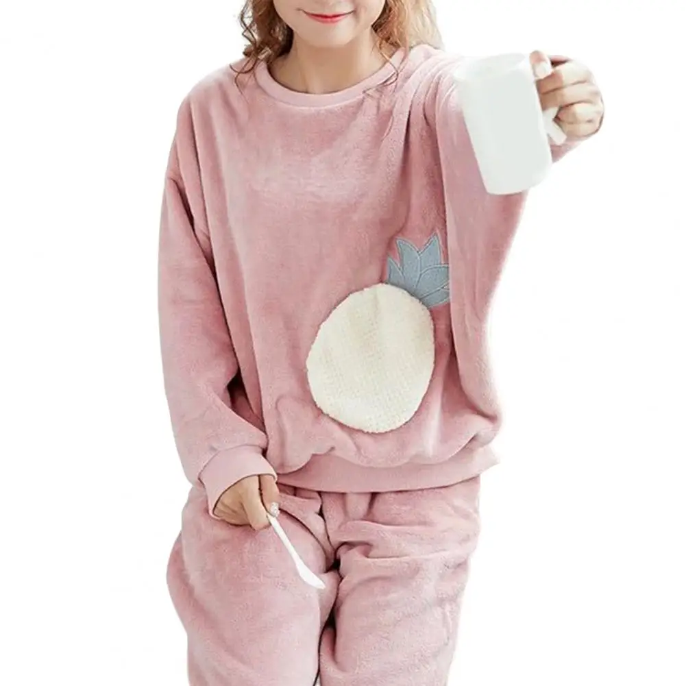 

Winter Women Pajama Set Loungewear Set Two Piece Set Warm Long Sleeves Cartoon Peach Print Pullover 2 Pcs/Set Women Clothes