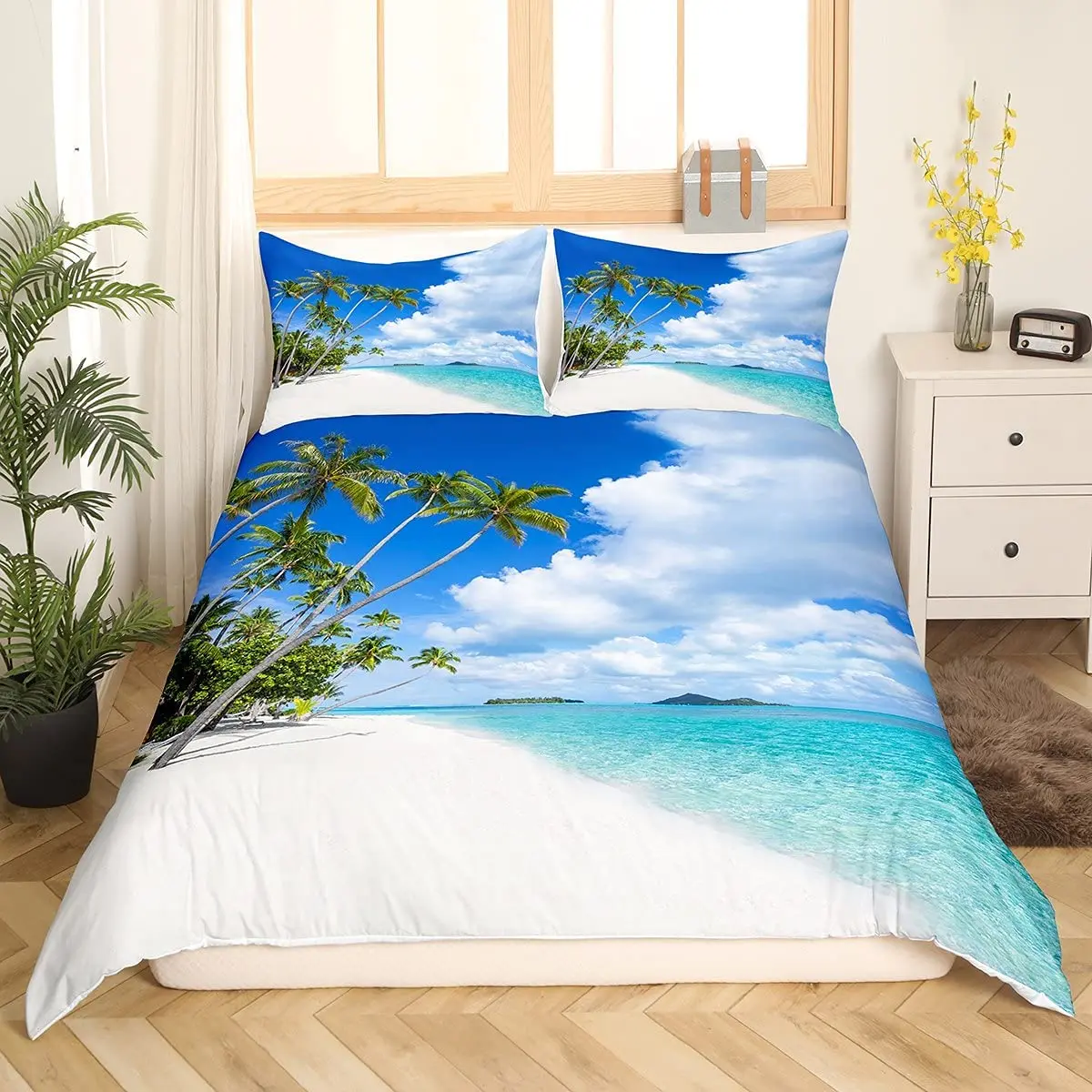 

Beach Ocean Duvet Cover Set Hawaiian Palm Tree Waves Bedclothes Tropical Island and Sea Beach Nature Theme Polyester Qulit Cover