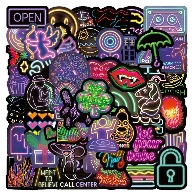 

10/30/50Pcs Neon Light Sticker Graffiti Label Stickers for Mobile Refrigerator Computer Guitar Car Motorcycle Notebook Diy Decal