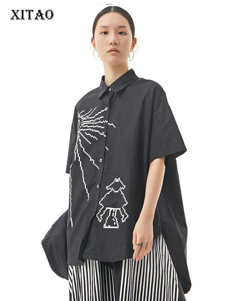 

XITAO, одна блузка с коррекцией груди, модный принт, богиня, веер, повседневная, плиссированная, 2022, летняя Свободная рубашка, топ WMD4539