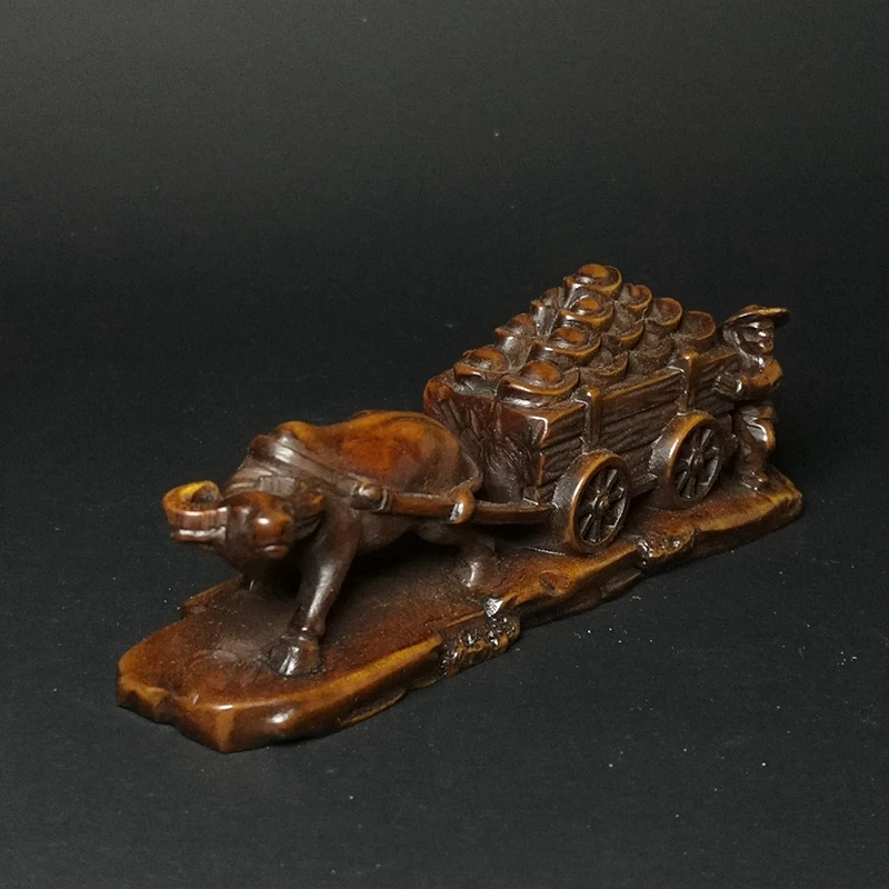 

YIZHU CULTUER ART L 4.3 in Old Chinese boxwood hand carved Pull the cart ingot cow ox old man statue table decoration Gift