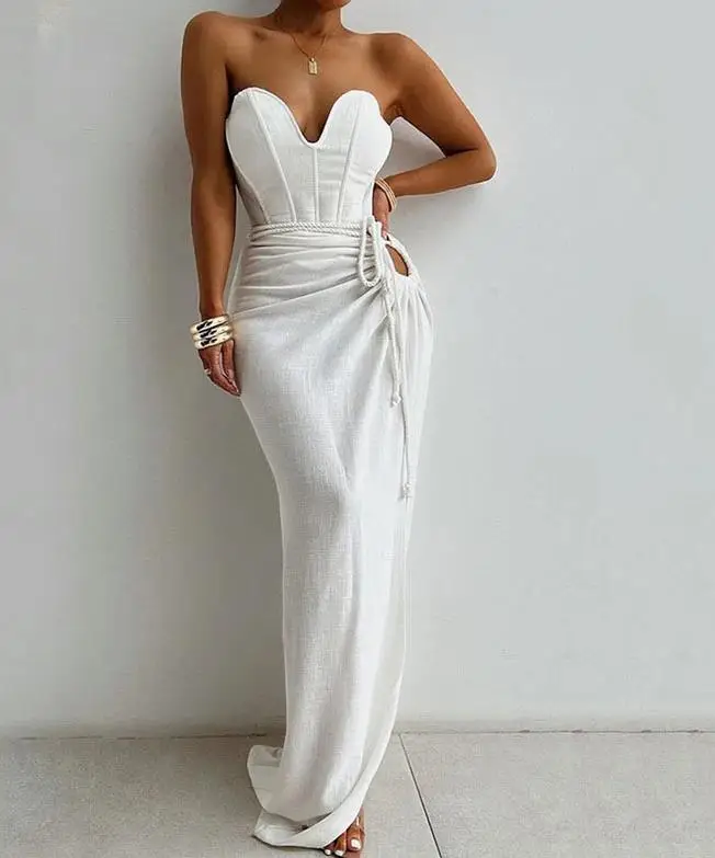 

Women's Long Dress Summer 2023 New Elegant Bra Style Sexy Hollow Sleeveless Solid Color Lace Up Dress Party Dress Banquet Dress