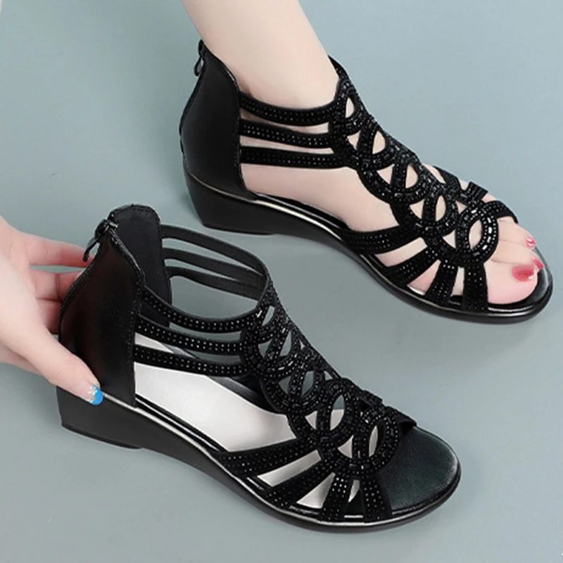 5CM Roman Genuine Leather Ladies Sandals Women Summer Slippers Fashion Chunky Rhinestones Platform Wedge Zipper Comfy Shoes