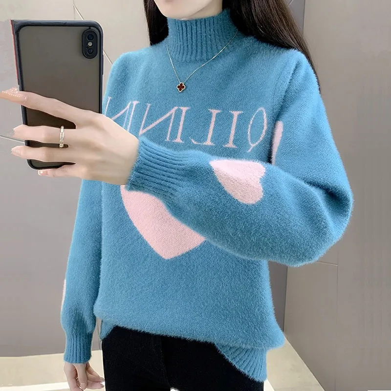 

Женский кашемировый свитер с длинным рукавом, повседневный трикотажный джемпер из искусственной норки с буквенным принтом Love и длинным рукавом, осень