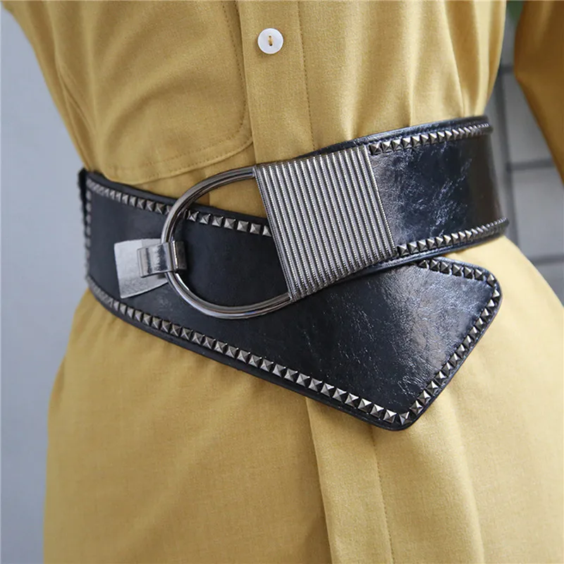 

Fashion High Quality Ladies Rivet Wide Belt Coat Dress Decorated Waist Elastic Punk Girdle Belts For Women Luxury Designer Brand