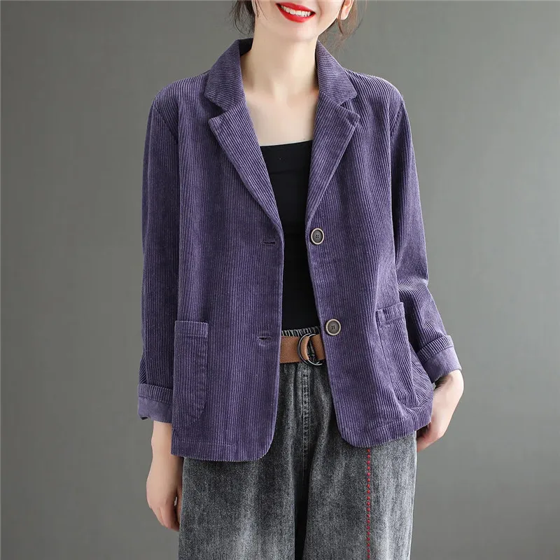 

2023 Corduroy Suit Collar Short Coat Women Spring Autumn New Jackets Loose Outwear Long Sleeve Pocket Tops Retro Jacket Female