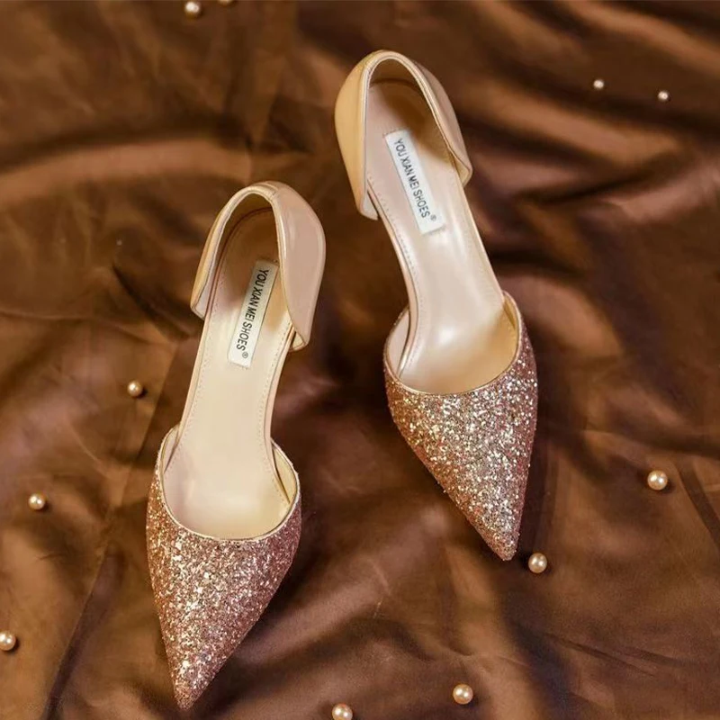 

Летние модные туфли на высоком каблуке, блестящие сандалии, новинка 2023, женские свадебные туфли-лодочки, сланцы, дизайнерские классические ...