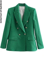 pailete women 2022 fashion tweed double breasted green blazer coat vintage long sleeve flap pocket female outerwear chic veste f