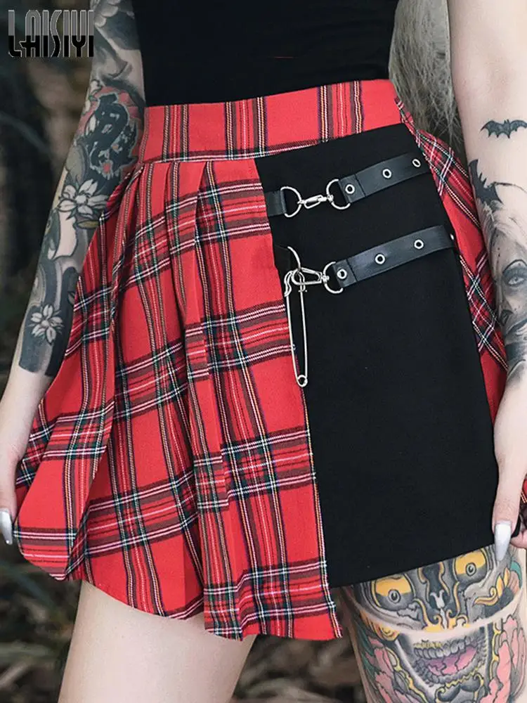 

Red Plaid Pleated Mini Skirt Women Gothic High Waist Punk PU Patchwork Skirt Fashion Streetwear 2022 Summer Goth Buckle Skirt