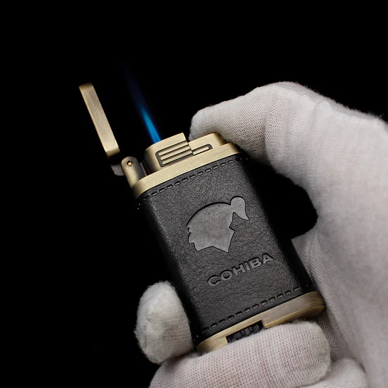 

Vintage Metal Cigarette Cigar Lighter Leather Cover Windproof Jet Blue Flame Torch Lighter Inflatable Butane Lighter Gadget Men