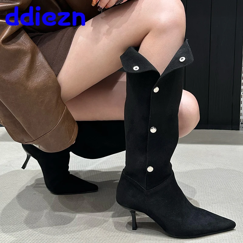 

Footwear Western Knee High Boots For Women Shoes Fashion Female Pumps Shoes Ladies Long Modern Boots With Metal Button Shoes