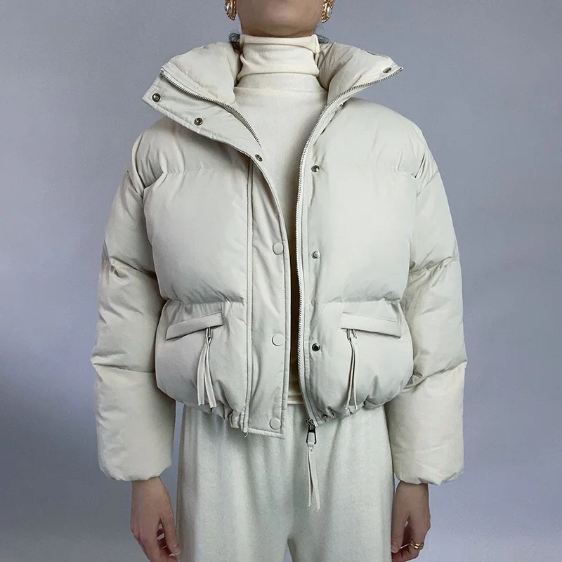 Winter White Turtleneck Zip Pocket Long Sleeve Coat Woman Casual Warm Street Simple Fashion Coat Short Jacket Office Lady
