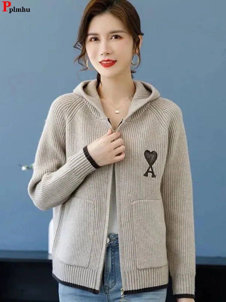 

Spring Fall Hooded Knitwears Cardigan Zippers Embroidery Loose Malhas Outerwears Soft Casual Fashion Knitted Long Sleeve Coat