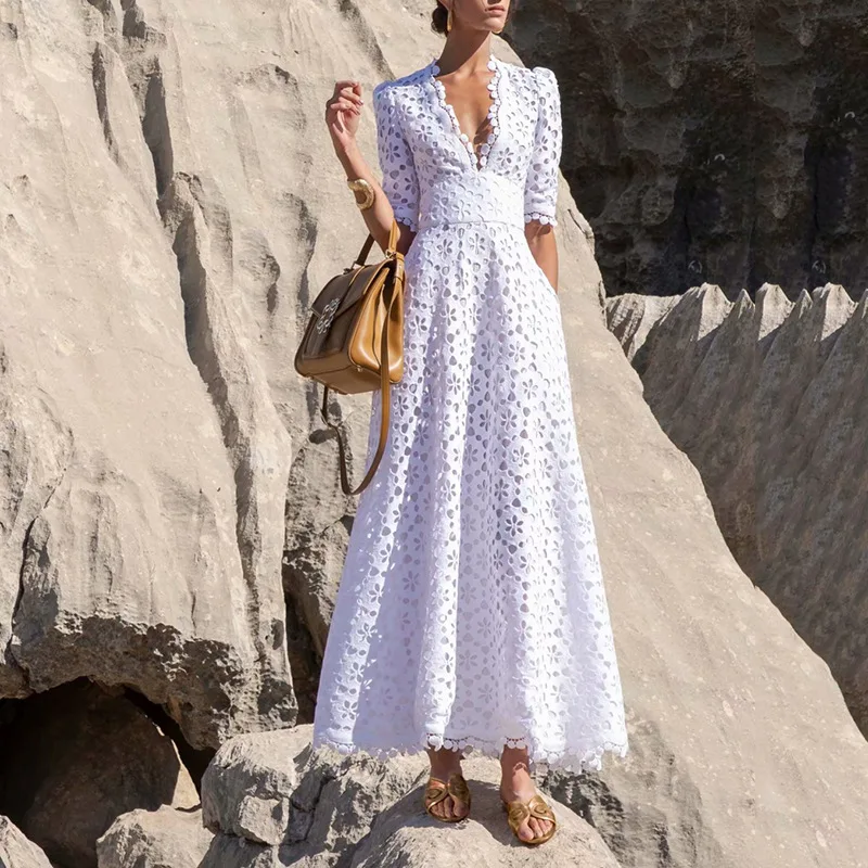 

Elegant White Maxi Dress For Women V Neck Half Sleeve High Waist Hollow Out Slim Long Dresses Women Spring New Style Fashion