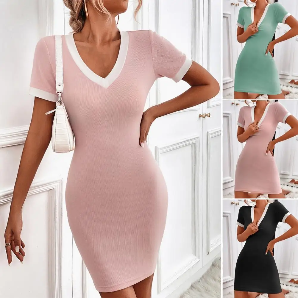 

Women Dress Solid Color Knitted Spring Summer Slim-fitting Hip Wrap Dress Streetwear
