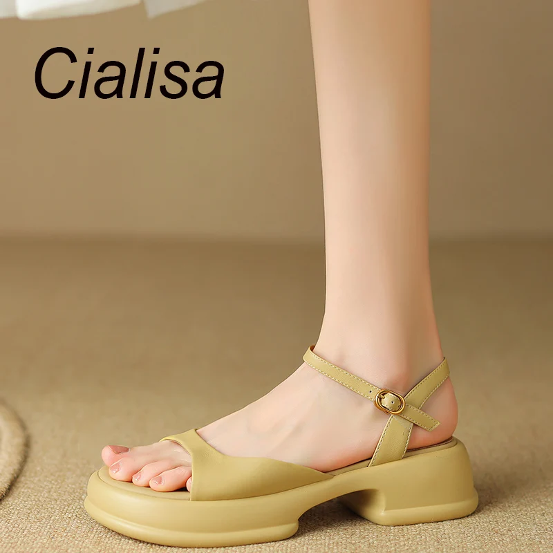 

Босоножки Cialisa женские из натуральной кожи, удобные сандалии на толстом среднем каблуке, с ремешком с пряжкой, ручная работа, лето 2023