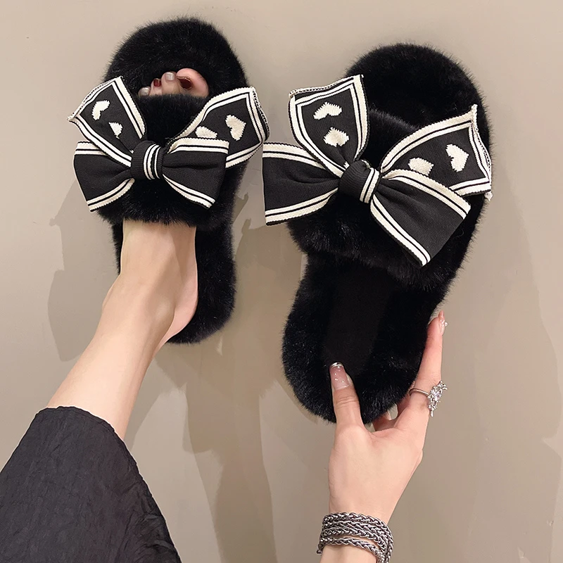

Faux Fur Slippers Women Winter with Bow Girls Slippers for Home Warm Ladies' Slippers House Fluffy Indoor Slipper Shoes Woman
