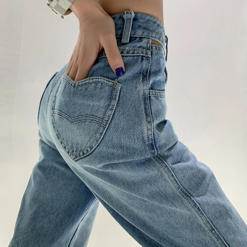 Female Summer New Y2k Baggy Wide Leg Jeans Fashion Light Blue Love Pocket Loose Casual Straight Light Thin Hole Denim Trousers