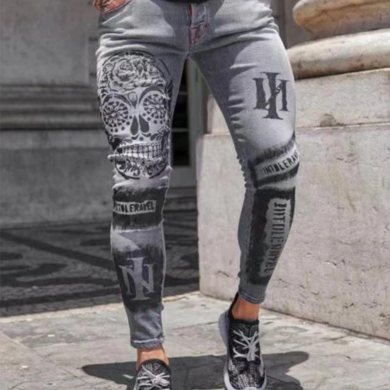 2022 Men's Clothing Jeans Devil Pattern Skinny Stretch Trousers Fitness Casual High Quality Pants Youth Pantalones Hombre Urbano