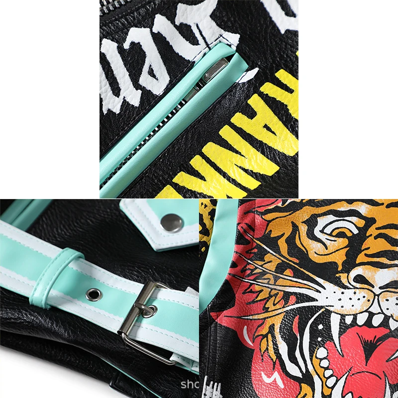 Cropped Motorcycle Leather Jackets for Women 2023 Trend Streetwear Contrast Color Graffiti Print Faux Leather Biker Jacket