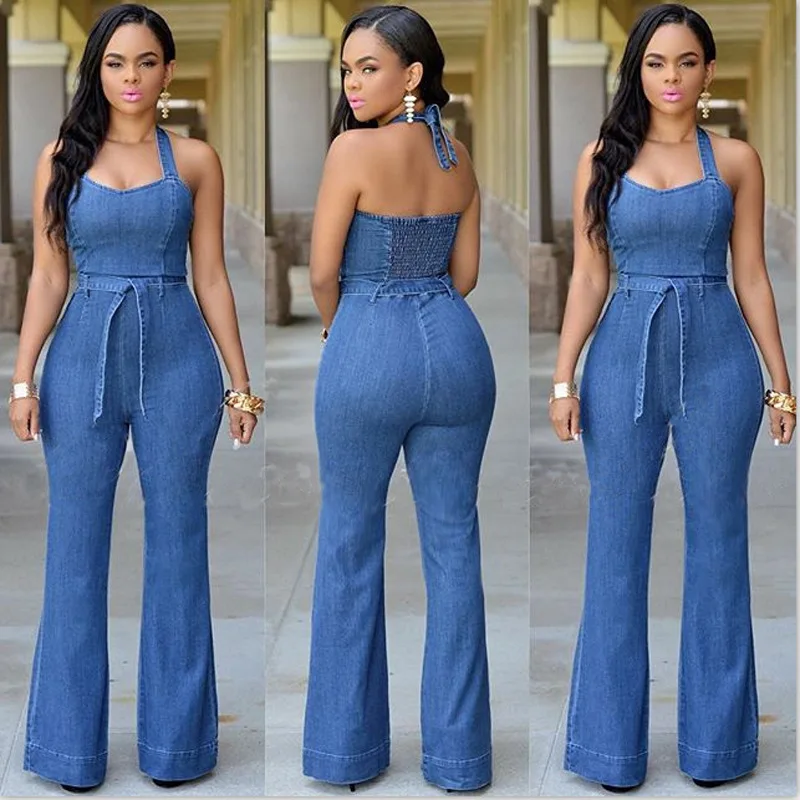 

Casual Jumpsuits Women 2022 Summer Fashion Faux Denim Halter Jumpsuit Club Slim Fit Backless Sexy Bodysuit Sashes indie Rompers